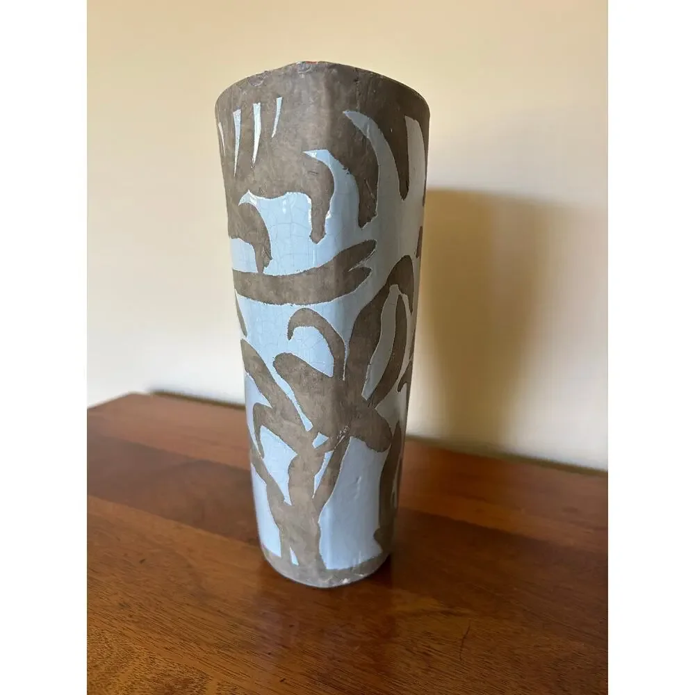 Vintage Sgraffito-style Ceramic Vase Blue Gray Leaf Floral Pattern